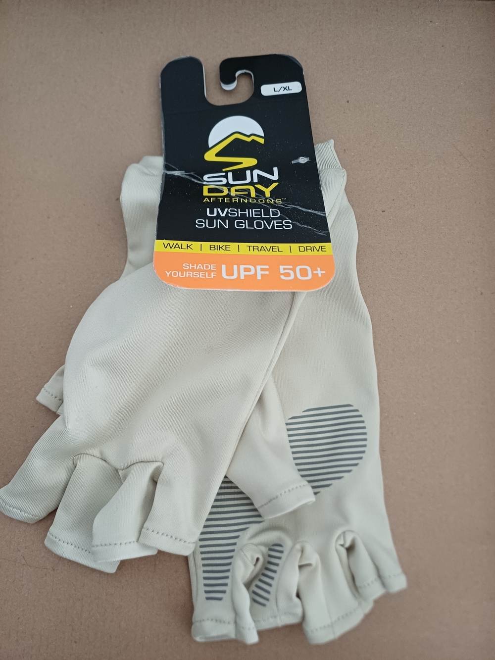 NWT Sunday UPF 50+ Beige Fingerless Sun Gloves For Walking, Driving, Biking